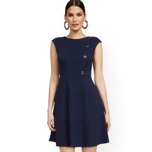 NY & Co Navy Blue Side-Button Fit & Flare Dress w Pockets, NWT, Size Large (LP)